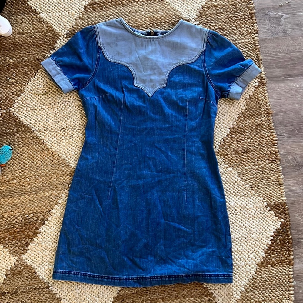 Wrangler retro Small denim mini dress,Zippered back pearl snap button sleeve